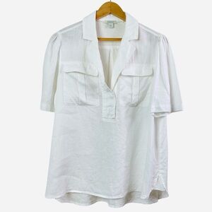 Sundance White Short Sleeve Collared Patch Pocket 100% Linen Blouse Size Large